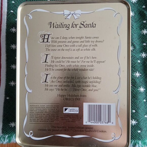BUY ONE, GET ONE FREE TIN- Oreo cookie advertising tin 1991 "Waiting for Santa" - Picture 2 of 2